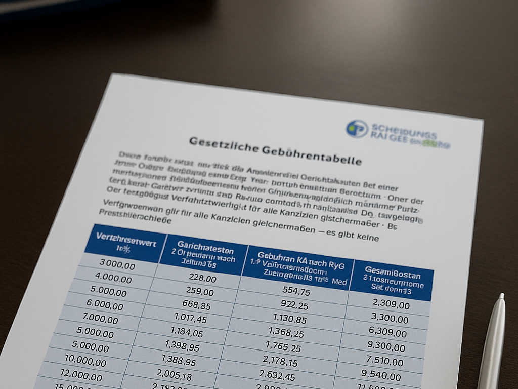 Gesetzliche Gebührentabelle zur Online Scheidung mit Verfahrenswert und Gesamtkosten