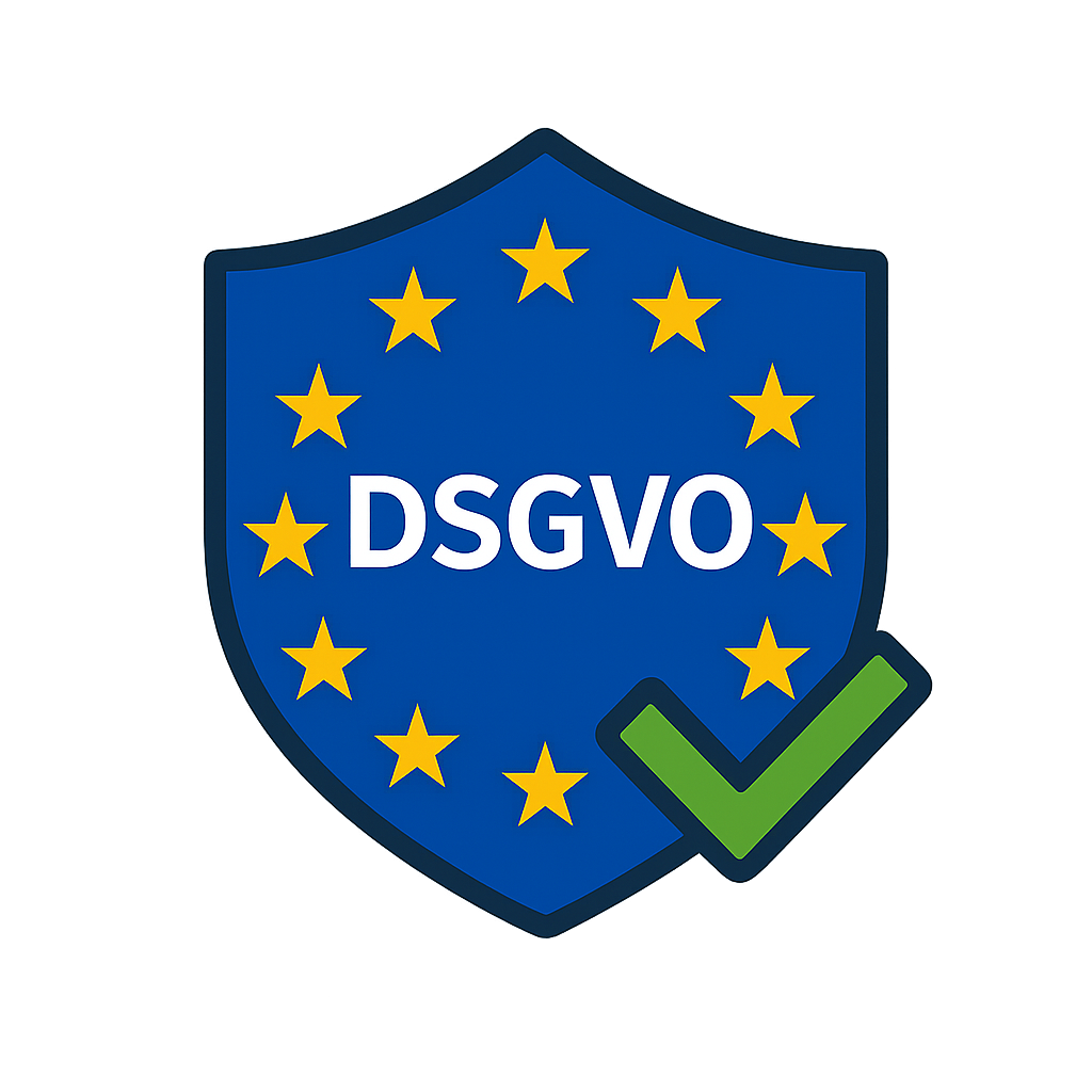 Schildsymbol mit EU-Sternenkranz, der Begriff „DSGVO“ in weißer Schrift in der Mitte, darunter ein grüner Haken – steht für DSGVO-Konformität.